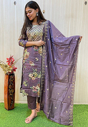 Embroidered Yoke Pure Muslin Silk Pakistani Suit in Dusty Purple