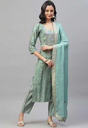 Embroidered Yoke Viscose Pakistani Suit in Dusty Green