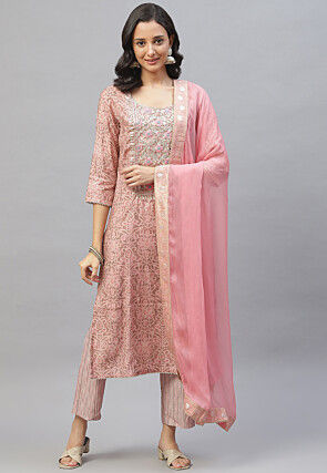 Embroidered Yoke Viscose Pakistani Suit in Dusty Pink