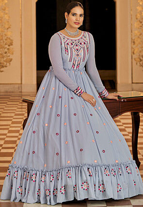 Embroidered Georgette Gown in Light Blue