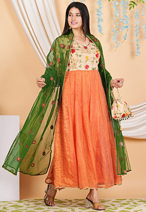 Embroidered Pure Kota Silk Anarkali Suit in Orange and Beige