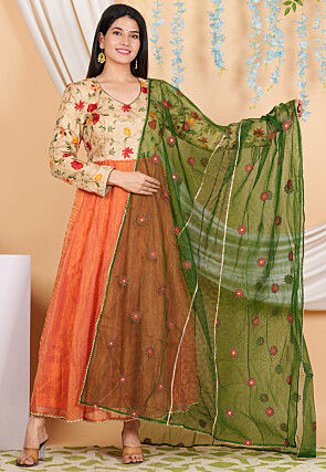Embroidered Pure Kota Silk Anarkali Suit in Orange and Beige