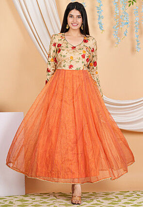 Embroidered Pure Kota Silk Anarkali Suit in Orange and Beige