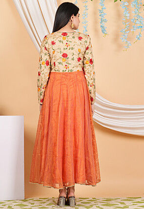 Embroidered Pure Kota Silk Anarkali Suit in Orange and Beige