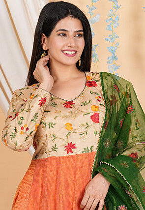 Embroidered Pure Kota Silk Anarkali Suit in Orange and Beige