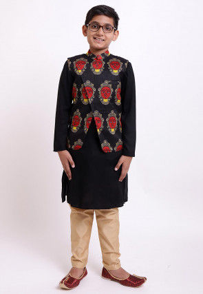 Face Printed Rayon Kurta Jacket Set in Black