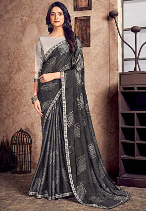Printed Georgette Saree in Charcoal Black