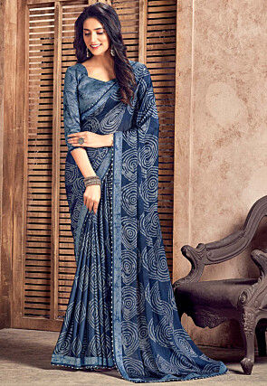 Batik Printed Cotton Silk Saree in Navy Blue : SSF19927