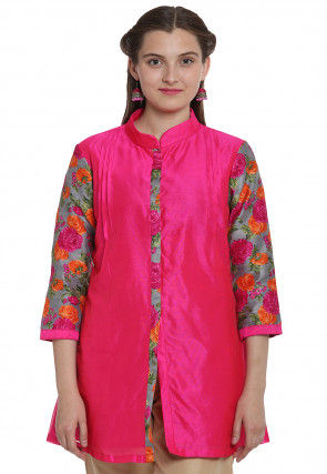 Floral Printed Bhagalpuri Silk Front Slit Top in Fuchsia