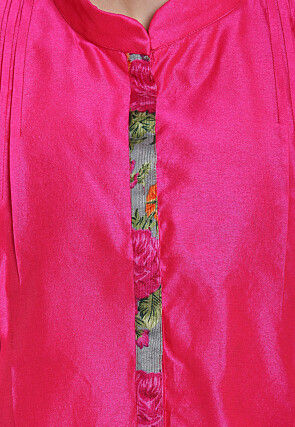 Floral Printed Bhagalpuri Silk Front Slit Top in Fuchsia