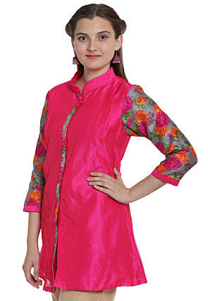 Floral Printed Bhagalpuri Silk Front Slit Top in Fuchsia