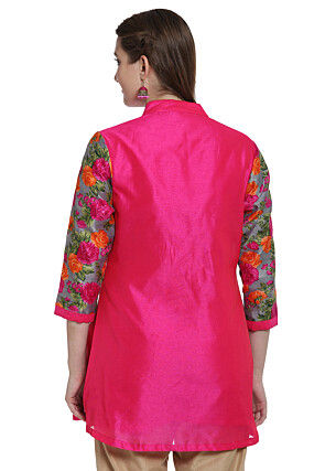 Floral Printed Bhagalpuri Silk Front Slit Top in Fuchsia