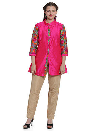 Floral Printed Bhagalpuri Silk Front Slit Top in Fuchsia