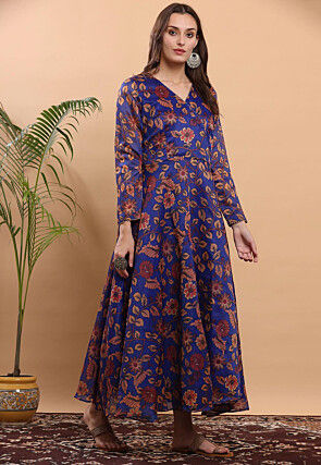 Floral Printed Chanderi Silk Angrakha Style Kurta in Dark Blue