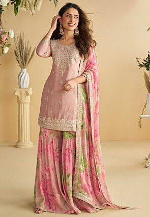 Floral Printed Chinon Chiffon Pakistani Suit in Pink