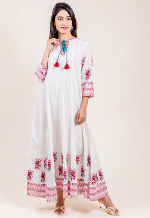 Floral Printed Cotton Gown in White and Pink : TQM235