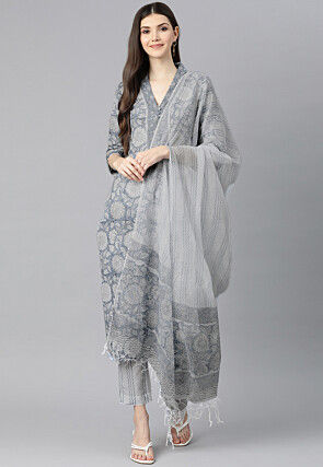 Floral Printed Cotton Pakistani Suit in Light Blue
