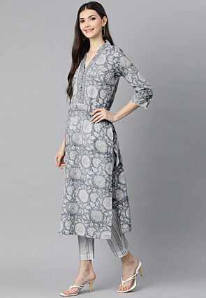 Floral Printed Cotton Pakistani Suit in Light Blue