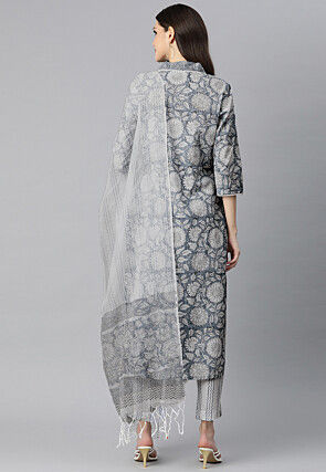 Floral Printed Cotton Pakistani Suit in Light Blue