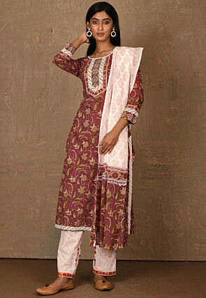 Floral Printed Cotton Pakistani Suit in Maroon