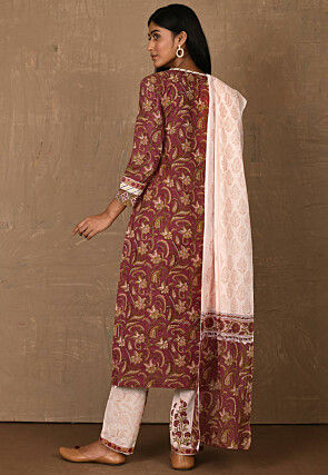 Floral Printed Cotton Pakistani Suit in Maroon