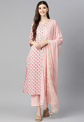 Floral Printed Cotton Pakistani Suit in Pink