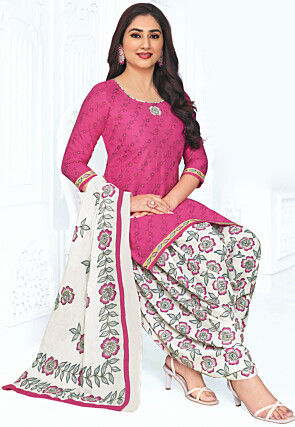 Floral Printed Cotton Punjabi Suit in Dark Pink