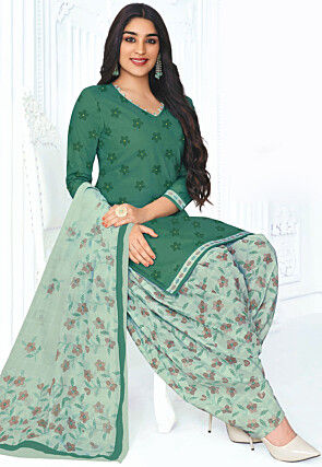 Floral Printed Cotton Punjabi Suit in Green