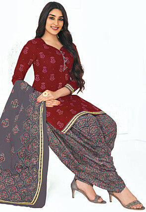 Floral Printed Cotton Punjabi Suit in Maroon