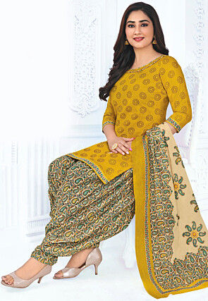 Floral Printed Cotton Punjabi Suit in Yellow