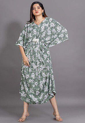 Floral Printed Elastane (Lycra) Long Kaftan Dress in Light Green