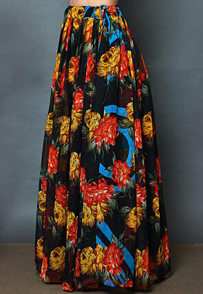 Floral Printed Georgette A Line Skirt in Black