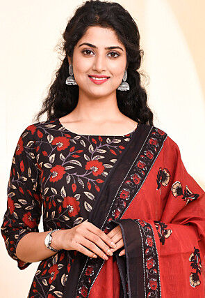 Floral Printed Pure Cotton Anarkali Suit in Black