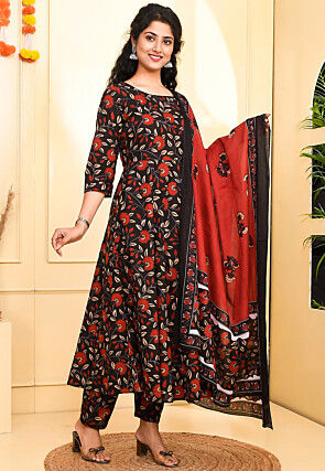 Floral Printed Pure Cotton Anarkali Suit in Black