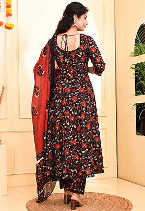 Floral Printed Pure Cotton Anarkali Suit in Black