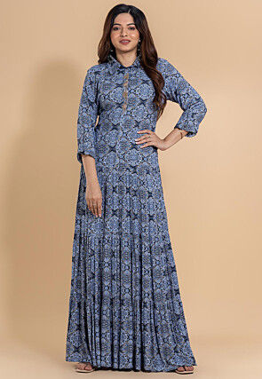 Floral Printed Viscose Cotton Long Dress in Blue