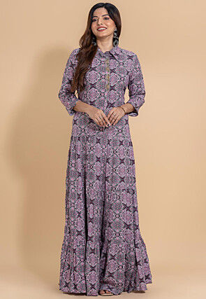 Floral Printed Viscose Cotton Long Dress in Pink