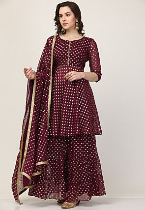 Foil Print Georgette Pakistani Suit in Wine