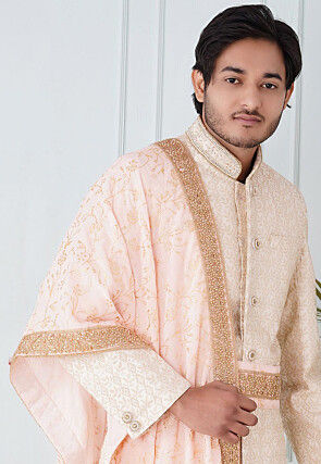 Foil Print Velvet Dupatta in Light Peach