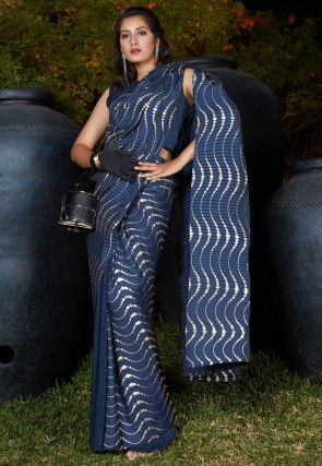 Foil Printed Accordian Polyester Saree in Navy Blue
