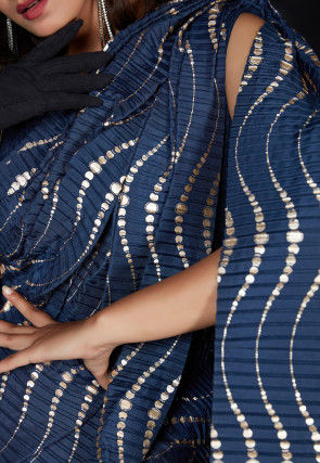 Foil Printed Accordian Polyester Saree in Navy Blue