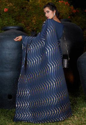 Foil Printed Accordian Polyester Saree in Navy Blue