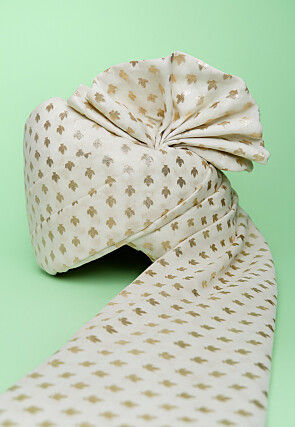 Foil Printed Art Chanderi Silk Kids Turban in Off White