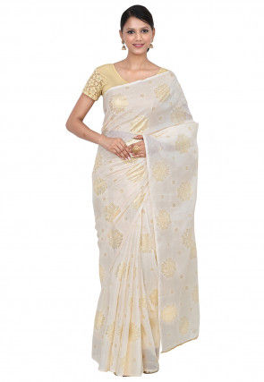 Foil Printed Art Kota Silk Saree in Off White