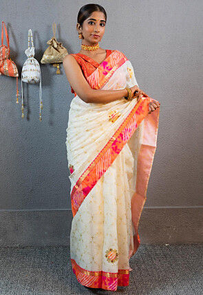 Foil Printed Art Kota Silk Saree in Off White