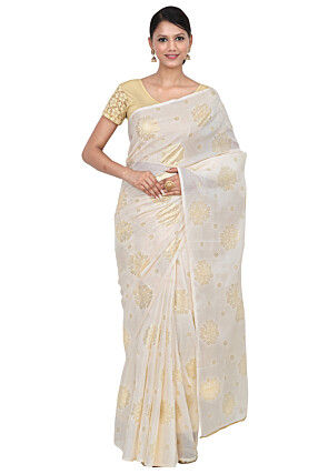 Foil Printed Art Kota Silk Saree in Off White