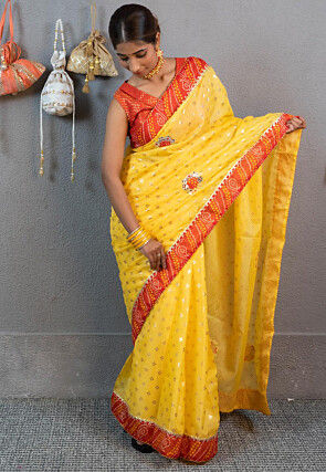 Yellow heavy hadwork predraped saree – Indi Ethnics