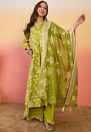 Foil Printed Art Silk A LIne Suit in Light Green
