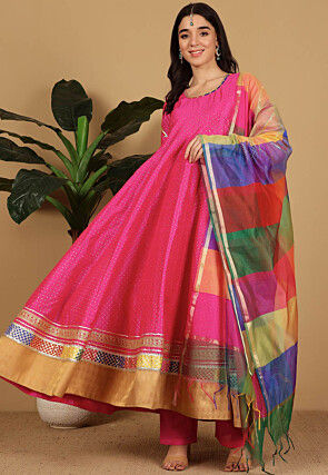 Foil Printed Art Silk A Line Suit in Pink