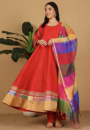 Foil Printed Art Silk A Line Suit in Red